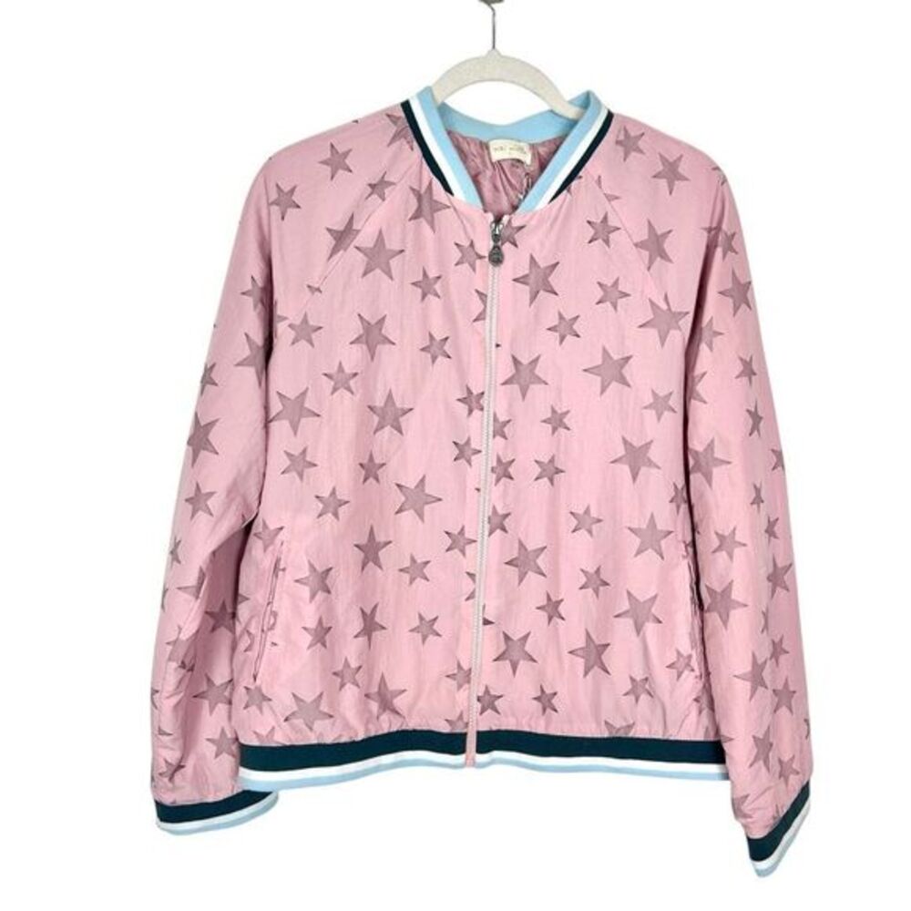 NWT Miki Miette Jacket girls Large Pink Gray Star Full Zip Long Sleeve Bomber